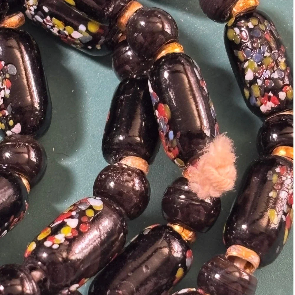 VTG Venetian or‎ Murano Black Glass Confetti Bead Necklace Multicolor